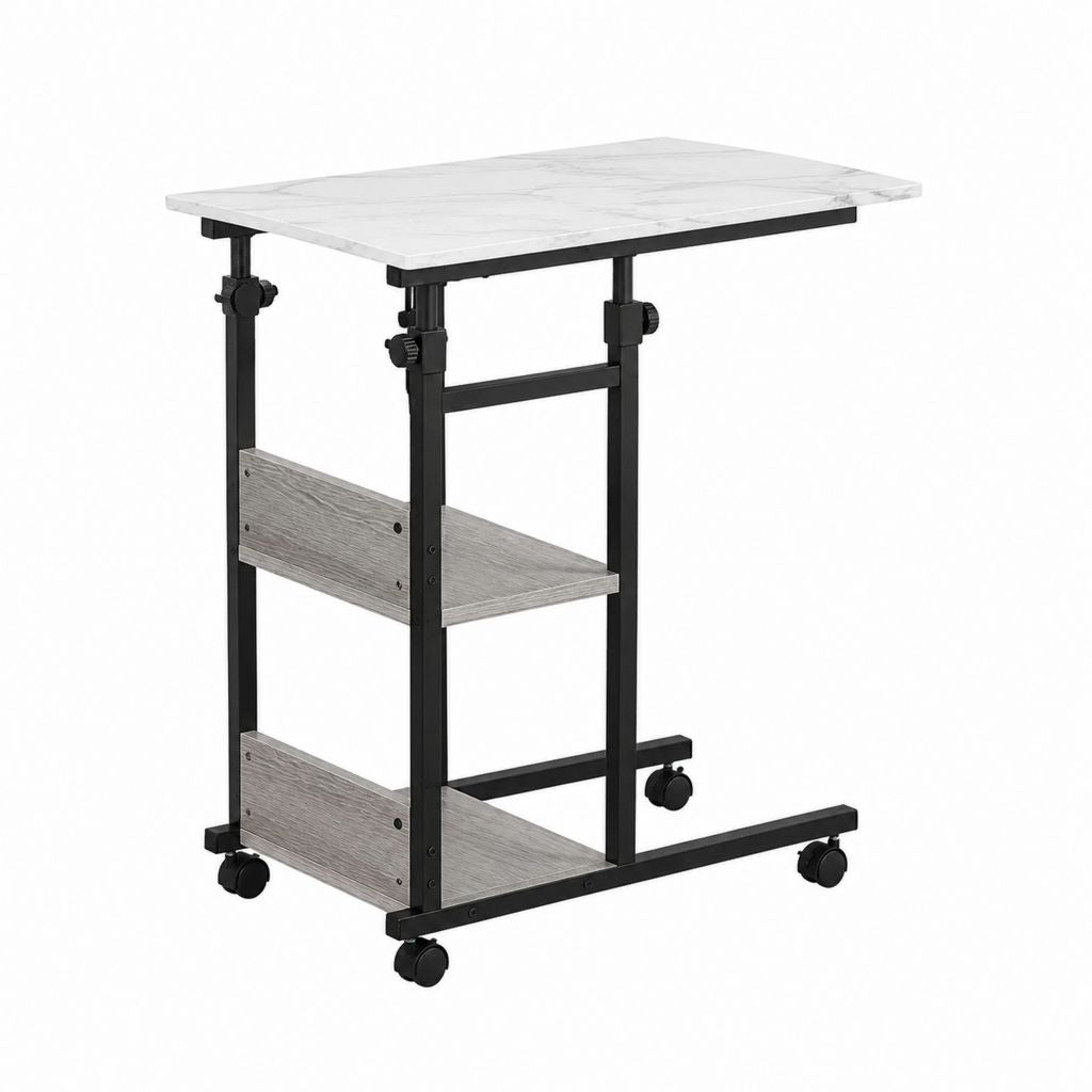 Table d'appoint réglable sur roulettes blanc effet marbre et noir en panneau de particules et acier 80 x 40 x 65-95 cm