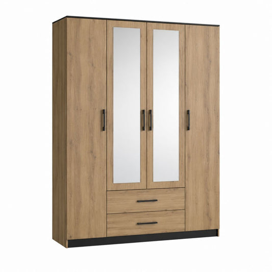 Armoire 4 portes avec miroirs et 2 tiroirs décor chêne 180 x 52 x 200 cm
