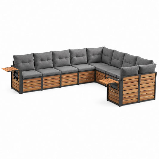 Salon de jardin d'angle 7 places gris et bois d'acacia avec structure en acier 340 x 265 x 75 cm