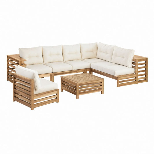 Salon de jardin d'angle 6 places en acacia massif beige avec table basse 225 x 225 x 70 cm