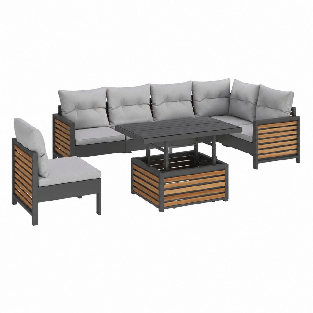 Salon de jardin 5 places avec fauteuil et table réglable gris en aluminium et acacia 260 x 190 cm