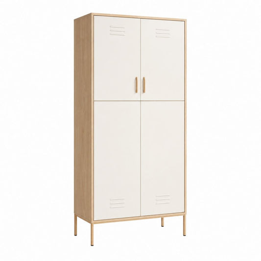 Armoire de rangement rectangulaire 4 portes blanc et chêne en panneaux MDF 80 x 40 x 180 cm