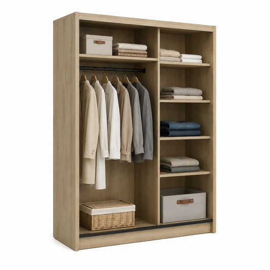 Armoire ouverte avec penderie chêne clair en panneaux de particules mélaminés rectangulaire 160 x 60 x 200 cm