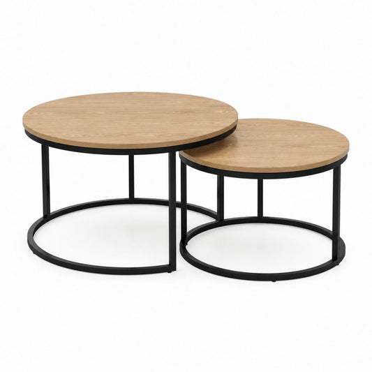 Lot de 2 tables d'appoint rondes chêne clair et acier noir diamètre 80 cm et 60 cm