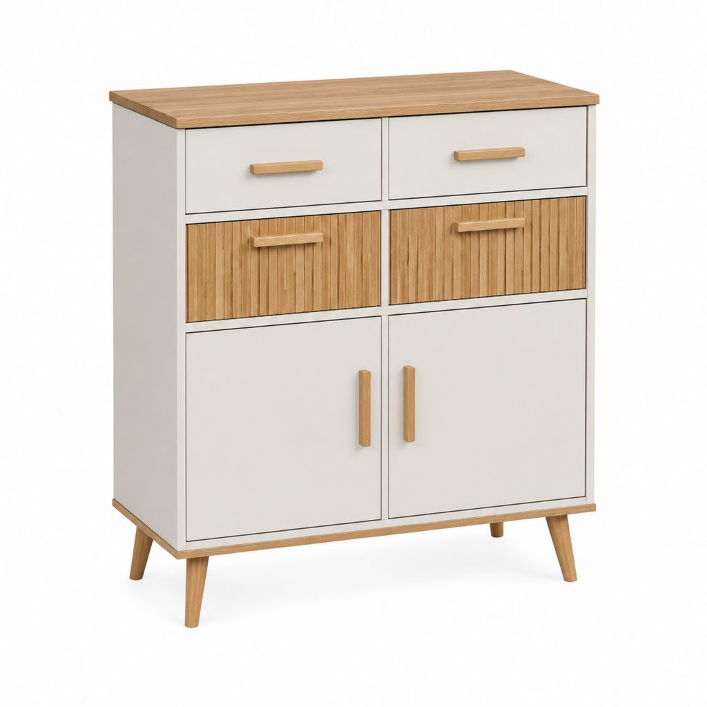 Commode basse 4 tiroirs 2 portes blanc et bambou 80 x 40 x 100 cm