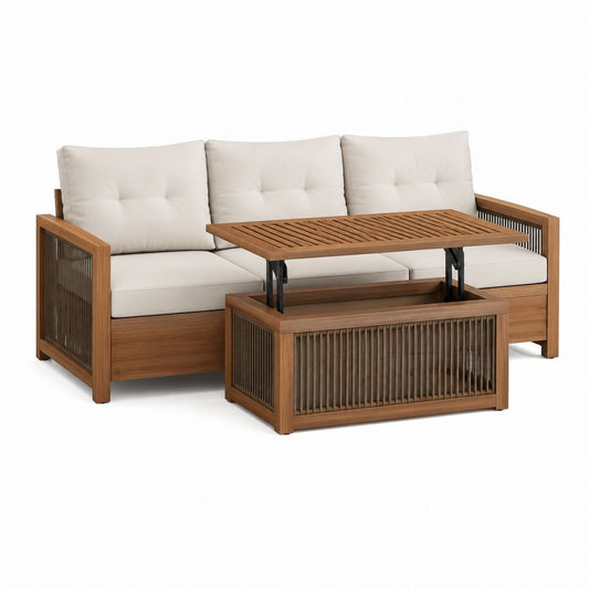Ensemble canapé de jardin 3 places avec table basse relevable brun et beige en acacia massif 205 x 80 x 78 cm