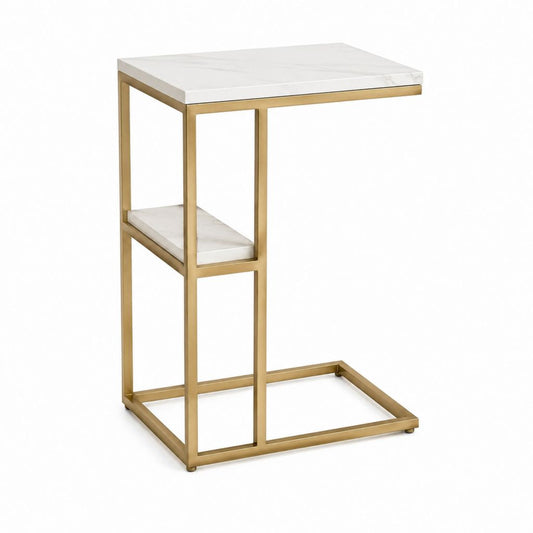 Table d'appoint en C blanche et dorée en pierre frittée et acier inoxydable 40 x 40 x 60 cm