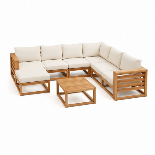 Salon de jardin modulable 5 places naturel et ivoire en acacia massif 208 x 208 x 60 cm avec table basse