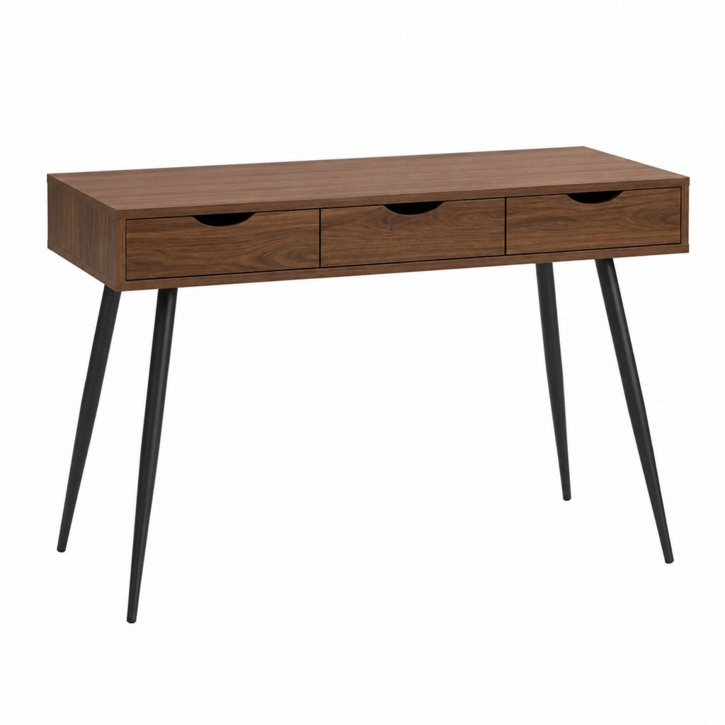 Bureau droit 3 tiroirs brun noyer et noir en panneaux MDF et acier 120 x 60 x 75 cm