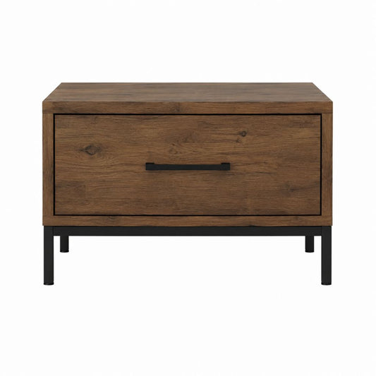 Table d'appoint avec tiroir brun chêne et acier noir rectangulaire 90 x 40 x 55 cm