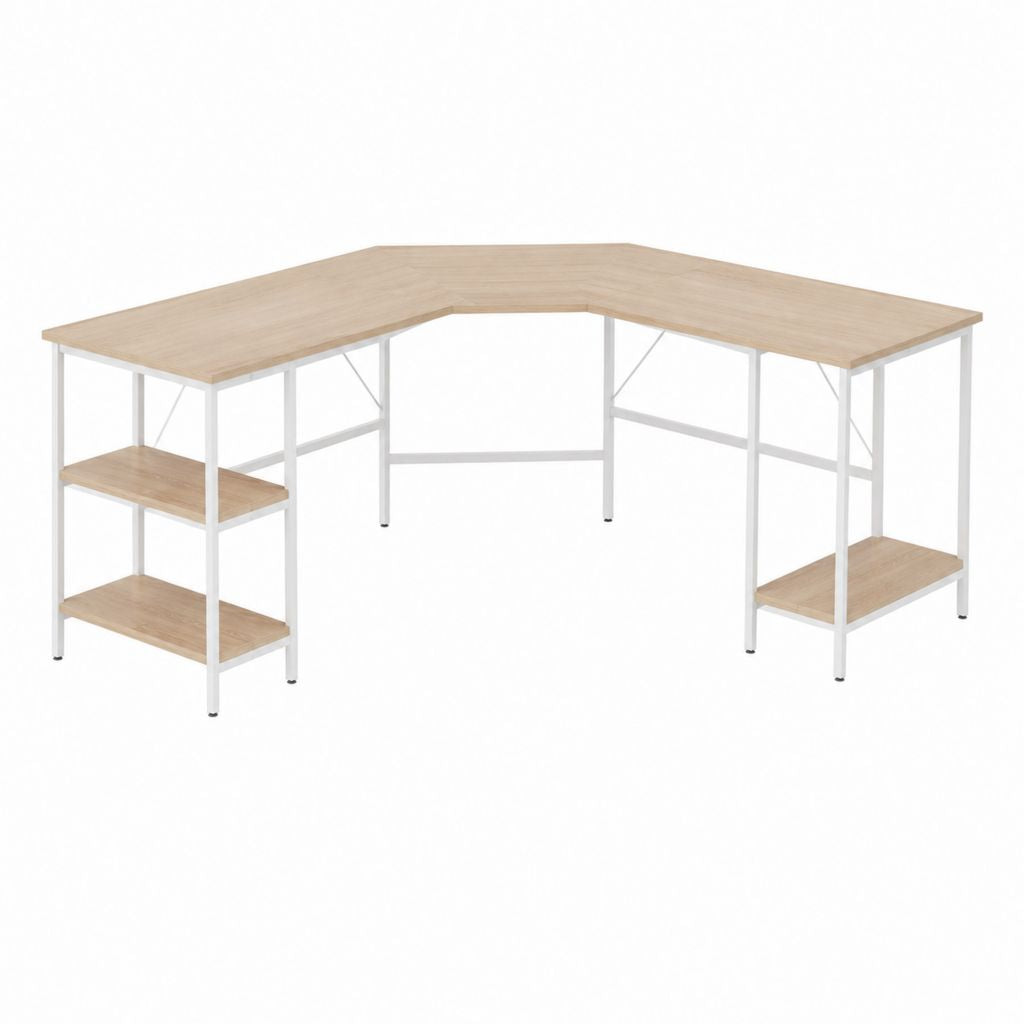 Bureau d'angle avec étagères chêne clair et blanc en panneaux MDF et acier 140 x 140 x 75 cm