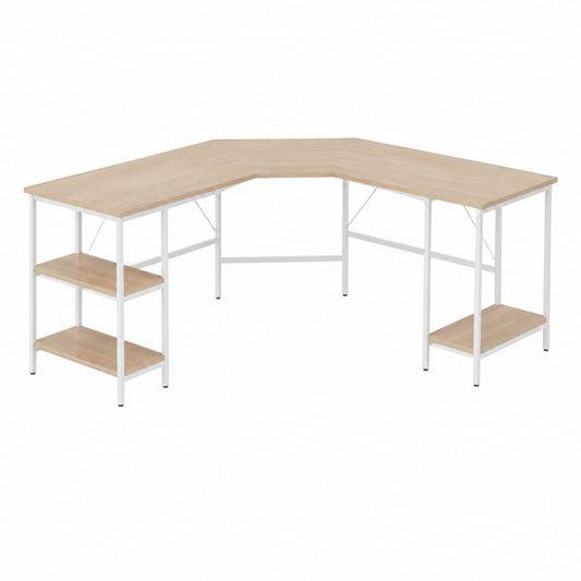 Bureau d'angle avec étagères chêne clair et blanc en panneaux MDF et acier 140 x 140 x 75 cm