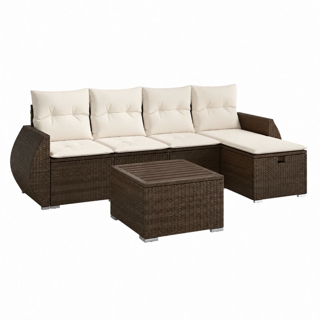 Canapé de jardin d'angle 3 places en polyéthylène brun avec coussins polyester crème 200 x 140 x 63 cm et table basse 60 x 60 x 30 cm