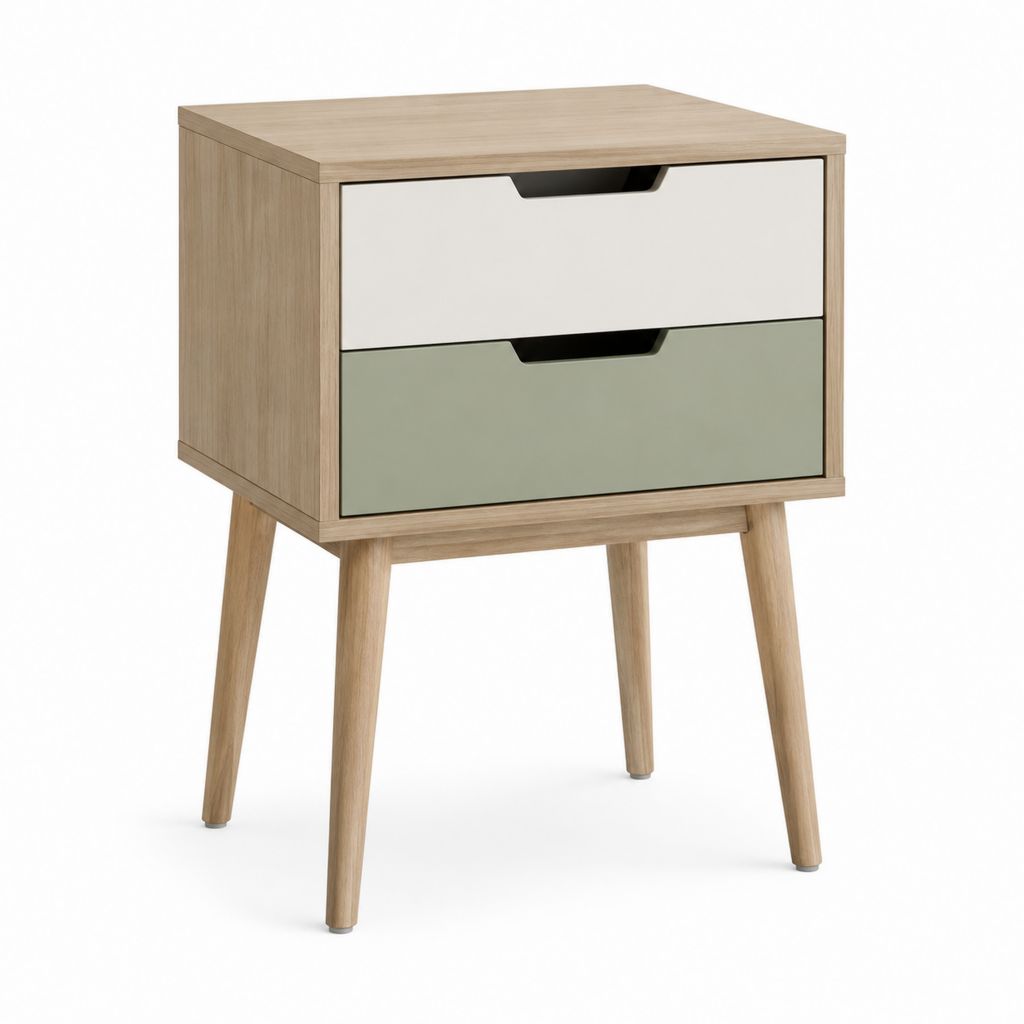 Table de chevet 2 tiroirs chêne clair blanc et vert en panneaux MDF 40 x 35 x 60 cm